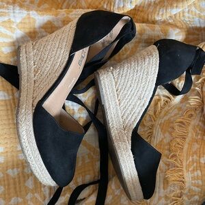 Brash Black Wedge Sandals with ribbon ankle ties.